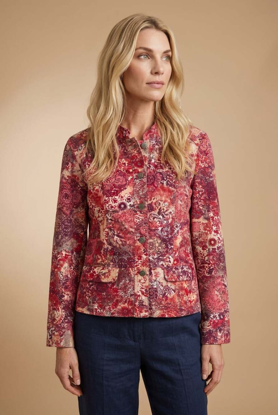 Christopher & Banks Women's Stretch Red Multi-Color Floral Print Button-Front Ja